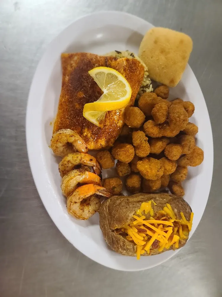 Grilled Shrimp & Salmon on Rice with Loaded Baked Potato and Fried Okra